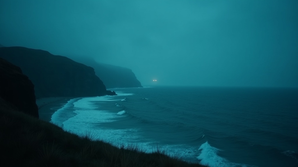 A windswept northern coastline at dusk, fog drifting over dark cliffs